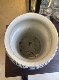 A large Italian blue, white and manganese albarello drug jar inscribed Charitas, probably Savona, dated 1767