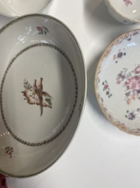 Nine Chinese blue and white, famille rose and Imari-style cups and saucers, Kangxi/Qianlong
