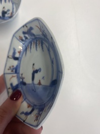Nine Chinese blue and white, famille rose and Imari-style cups and saucers, Kangxi/Qianlong