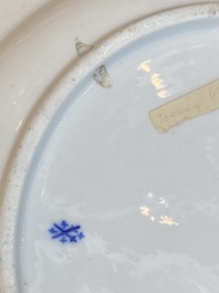 A gilt puce-enamelled 'birds' plate with a blue-enamelled border, Tournai, 18th C.