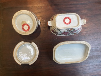 Drie Chinese famille rose borden, een botervloot en een dekselterrine, Qianlong