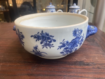 A pair of Chinese blue and white miniature chocolate jugs and three tureens, Qianlong
