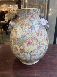 A Chinese famille rose 'millefleurs' 'hu' vase, Qianlong mark, Republic