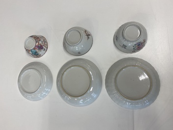 Nine Chinese blue and white, famille rose and Imari-style cups and saucers, Kangxi/Qianlong