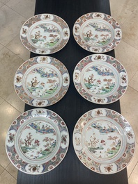 Twelve Chinese famille rose plates with landscape design, Qianlong