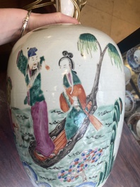 A pair of Chinese famille rose 'Eight Immortals' jars mounted as lamps, 19th C.