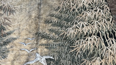 A Japanese silk embroidery with cranes and bamboo, Keibun mark, Meiji, 19th C.