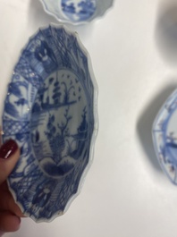 Nine Chinese blue and white, famille rose and Imari-style cups and saucers, Kangxi/Qianlong