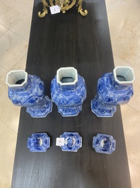 A Chinese blue and white garniture of five vases with floral design, Kangxi