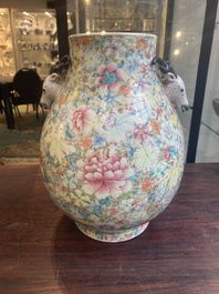 A Chinese famille rose 'millefleurs' 'hu' vase, Qianlong mark, Republic