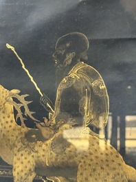 Yu Zhiding 禹之鼎 (1647-1716): 'Shoulao meets female deities', gold and silver ink on indigo paper, dated 1696