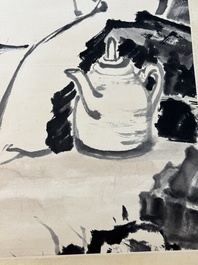 Cheng Shifa 程十发 (1921-2007): 'Pipa playing lady and two eagles', ink and colour on paper, dated 1988