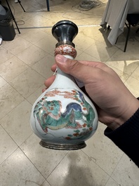 A Chinese famille verte 'qilin' vase with silver mounts, Kangxi