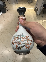 A Chinese famille verte 'qilin' vase with silver mounts, Kangxi