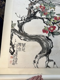 Cheng Shifa 程十发 (1921-2007): 'Pipa playing lady and two eagles', ink and colour on paper, dated 1988