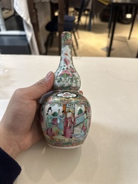 Drie Chinese Canton famille rose vazen, een grote kom en een bord, 19/20e eeuw