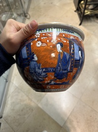 A Chinese English-decorated blue and white scroll pot, Kangxi
