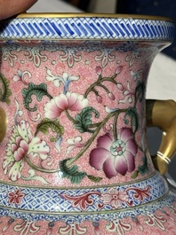 A Chinese famille rose pink-ground 'European scene' vase , 20th C.