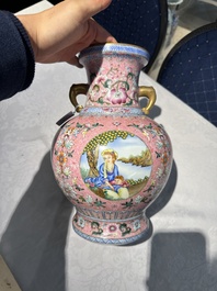 A Chinese famille rose pink-ground 'European scene' vase , 20th C.