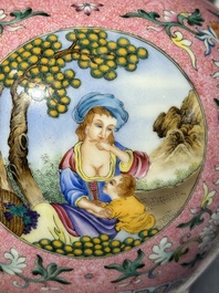 A Chinese famille rose pink-ground 'European scene' vase , 20th C.