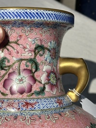 A Chinese famille rose pink-ground 'European scene' vase , 20th C.
