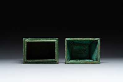 A rare large and inscribed archaistic bronze wine vessel, 'fang yi 方彝', Song/Ming