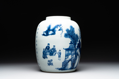 A rare Chinese blue and white lantern-shaped vase with figures in a landscape and calligraphy, Shunzi/early Kangxi