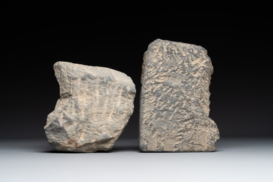 A Gandhara grey schist fragment of a seated Buddha with his disciple and a fragment with five figures, 1st/3rd C.