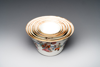 A rare set of eight Chinese famille rose 'Sanxing' nesting bowls, Tongzhi mark and of the period