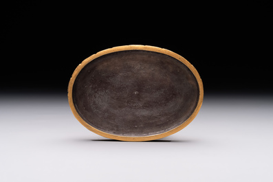 An oval Chinese imperial gold and silver filigree lidded 'dragon' box on reticulated stand and with presentation box, Qianlong mark and of the period