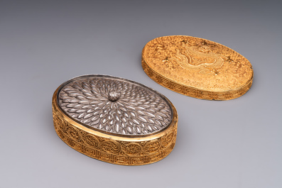 An oval Chinese imperial gold and silver filigree lidded 'dragon' box on reticulated stand and with presentation box, Qianlong mark and of the period