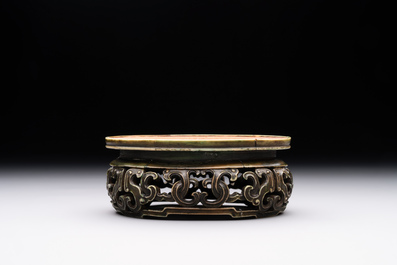An oval Chinese imperial gold and silver filigree lidded 'dragon' box on reticulated stand and with presentation box, Qianlong mark and of the period