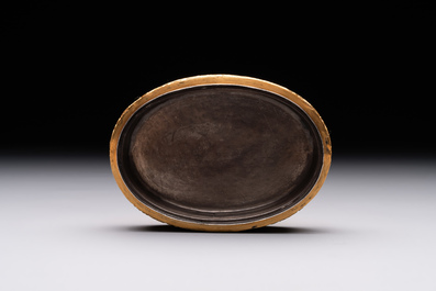 An oval Chinese imperial gold and silver filigree lidded 'dragon' box on reticulated stand and with presentation box, Qianlong mark and of the period