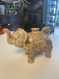 A rare Vietnamese polychrome painted stoneware elephant shaped jug, L&ecirc; dynasty, 16th C.