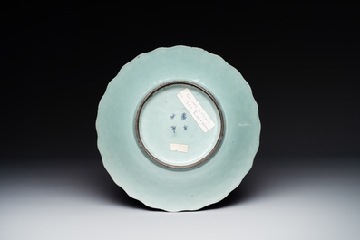 A Chinese famille rose Guanyin and a celadon-glazed dish, Chenghua mark, Qianlong/Jiaqing