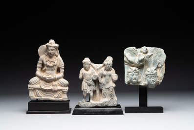 Four Gandhara grey schist fragments with Buddha and Bodhisattva, 1st/3rd C.