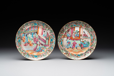 Five Chinese Canton famille rose plates with narrative design, 19th C.