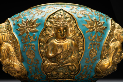 A Chinese gilt and champlev&eacute; enamelled bronze bowl with Buddhas in relief, 19/20th C.