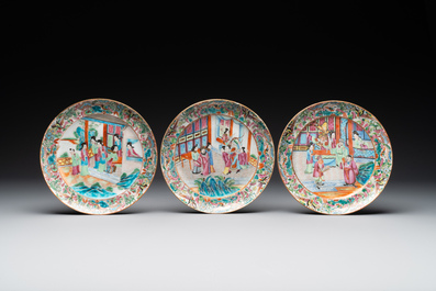Five Chinese Canton famille rose plates with narrative design, 19th C.