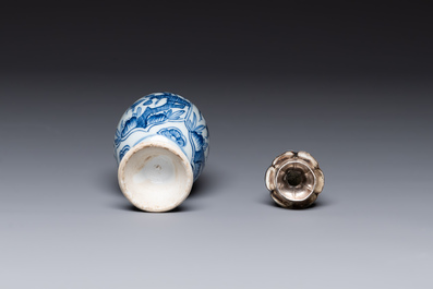 A Chinese blue and white 'hunting scene' 'klapmuts' bowl and a vase with a silver cover, Kangxi