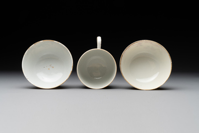 Three Chinese export famille rose 'European subject' cups and two saucers, Qianlong