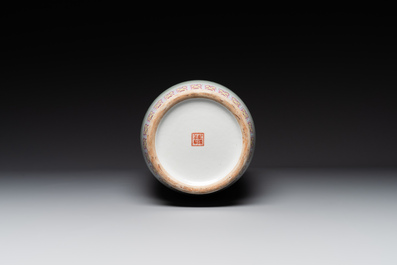 A Chinese famille rose rouleau vase with figurative design, Qianlong mark, Republic
