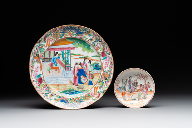 A Chinese Canton famille rose plate, a famille rose vase and a saucer, Qianlong and later