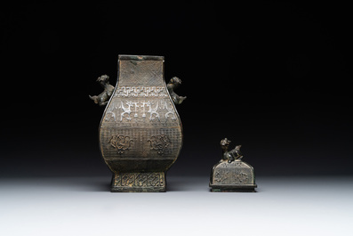 A Chinese archaistic bronze ritual wine vessel and cover in Western Zhou-style, 'fang hu 方壺', Ming