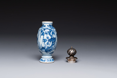 A Chinese blue and white 'hunting scene' 'klapmuts' bowl and a vase with a silver cover, Kangxi
