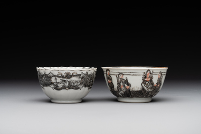 Two Chinese export grisaille cups and saucers and a plate, Qianlong
