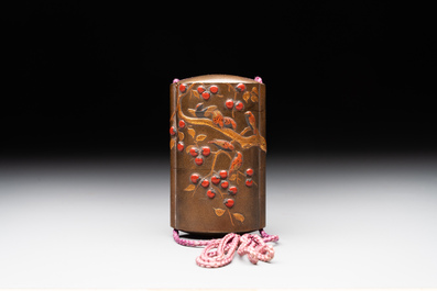 A Japanese lacquerware inro with a bird-shaped netsuke, a wooden 'fox' mask and a silver box, Chang Jia Zhai 常嘉斋 mark, 19th C.