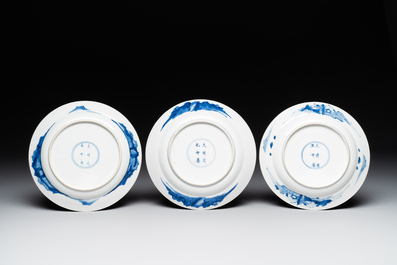 Three Chinese blue and white plates with figural design, Chenghua and Kangxi mark, Kangxi