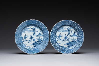 Four Chinese blue and white 'Xi Xiang Ji' plates, Qianlong