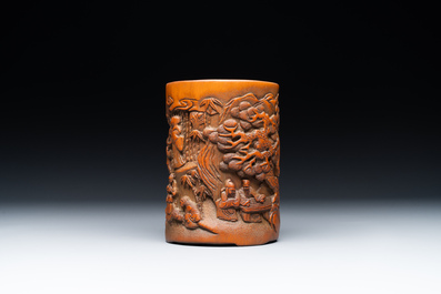 A Chinese carved bamboo 'Seven Sages of the Bamboo Grove' brush pot, 19th C.